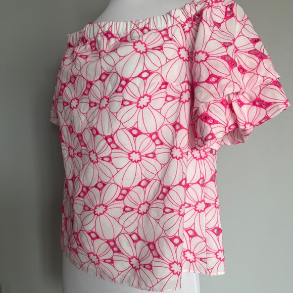 Lilly Pulitzer Razberry Botanical Chiffon Eyelet Lesley Off the Shoulder Blouse - Picture 5 of 11